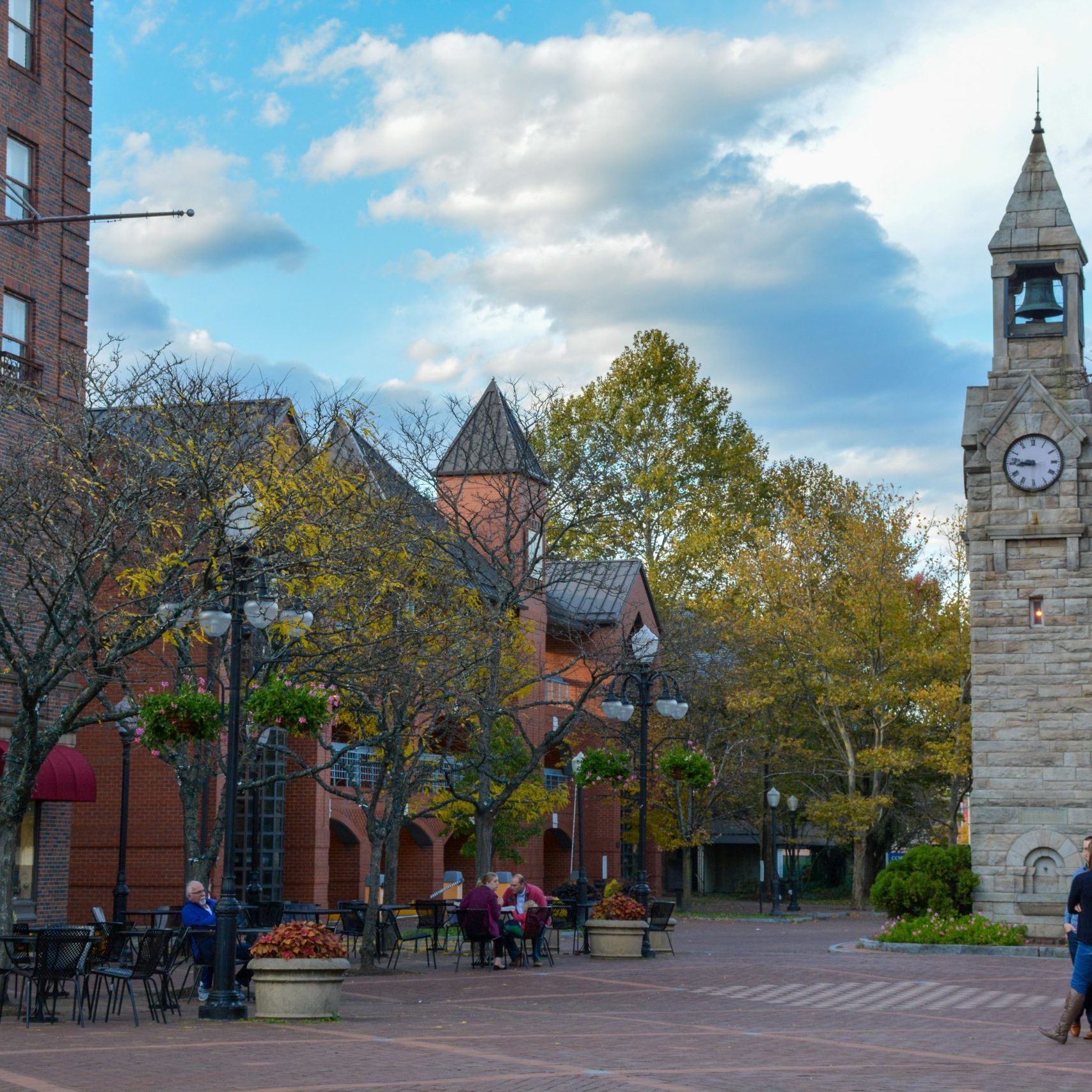 Corning, New York, 2019: Built of Antrim stone found locally, the clock tower in Centerway Square is a memorial to Erastus Corning, for whom the City of Corning is named.